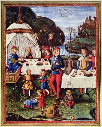Maximilian Sforza quando criança fazendo uma refeição no jardim, ilustração de uma cópia de 