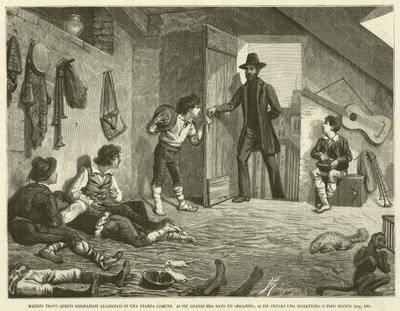 Mazzini encontrou estes infelizes alojados numa sala comum Os mais velhos receberam um órgão, os mais novos um esquilo ou um rato branco (gravura) de Italian School
