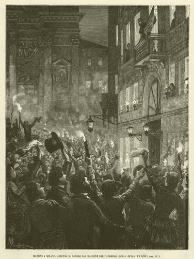 Mazzini em Milão, Haranguing the People from the Balcony of the Bella Venezia Hotel (gravura) de Italian School