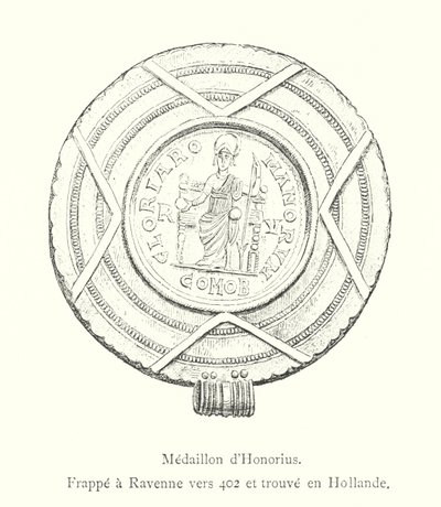 Medalhão de Honório, atingido em Ravenna por volta de 402 e encontrado na Holanda (gravura) de Italian School
