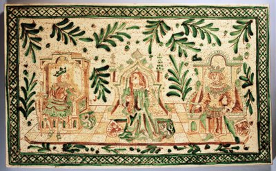 Placa decorativa de estilo medieval representando Constança de Hauteville, Rogério da Sicília e Frederico II de Hohenstaufen, fabrico Alessi, Caltagirone, Sicília, Itália (cerâmica) de Italian School