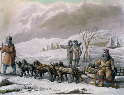 Homens de Kamchatska, com um trenó de cachorro, de Costumi dei ... por Giulio Ferrario, c.1820s-30s de Italian School