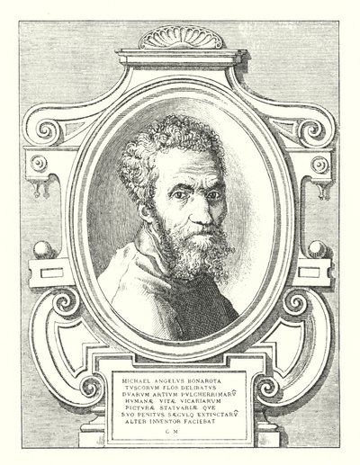 Michael Angelus Bonarota Tuscorum Flos Delibatus Duarum Artium Pulcherrimaru Humanae Vitae Vicariarum Picturae Statuariae Que Suo Penitus Saeculq Extinctaru Alter Inventor Faciebat (gravura) de Italian School