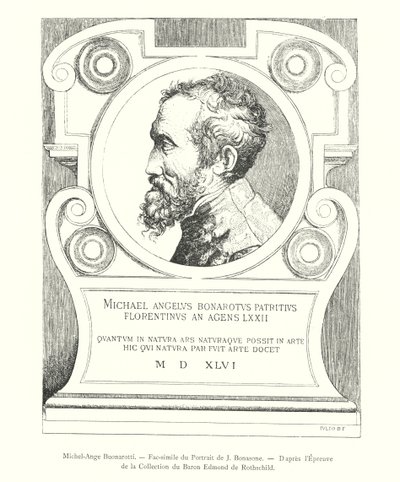 Michelangelo Buonarotti, Fac-símile do Retrato de J Bonasone, Da Prova da Coleção do Barão Edmond de Rothschild (gravura) de Italian School