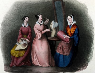 Metier milanês: jovens mulheres com chapéus. 1830 Gravura de Locarno. de Italian School