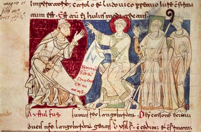 Miniatura de Chronicon Vulturnense, códice iluminado composto pelo monge Iohannes, ca. 1130, Itália de Italian School