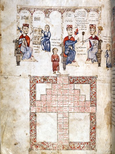Página em miniatura de" Ecloga Legum", manuscrito legal datado de 1175. Os caracteres mostrados são da esquerda para a direita Justiniano I (482 - 565), Leão I (457-474) e Constantino I o Grande (270/288 - 337). Veneza, bíblia. Marciana. de Italian School