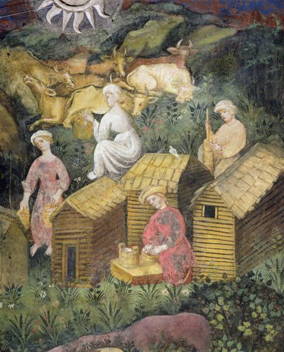 Pastagens de montanha. Ordenhar as vacas e fazer queijo (fresco) de Italian School