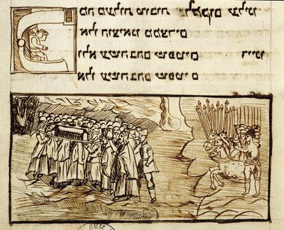 Ms.CA2795 O povo judeu cruzando o Mar Vermelho com a Arca Sagrada seguido pelos egípcios, da história do povo judeu de Italian School