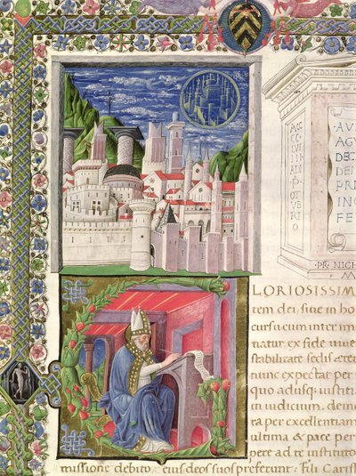 218 f.2r Vista de Roma como a Cidade de Deus, e Santo Agostinho escrevendo, de 