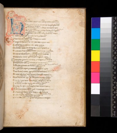 Sra. 315. Horace, Ars Poetica e Epistulae, f.1r. Inicial decorado [N] em azul e vermelho infusão de fraldas e redondo de caneta de Italian School
