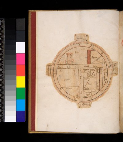 Sra. 315. Horace, Ars Poetica e Epistulae, f.1v. T-O Mapa do mundo, com uma torre representando Jerusalém de Italian School