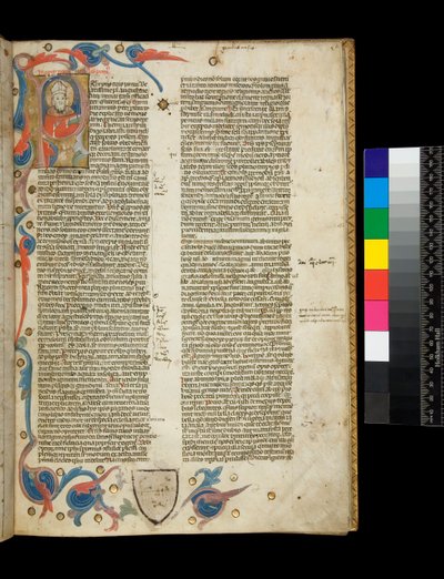 Sra. 370. Orosius, Historiarum Adversum Paganos Libri Septem, f.2r. Iluminado inicial habitado [P], com retrato de autor vestido de bispo, e borda parcial com motivos foliados, Bolonha ou Pádua de Italian School