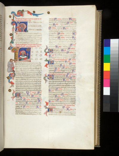 Sra. 390. Sêneca a Jovem, Ópera, e Sêneca a Velha, Excerpta controversiarum, f.95r. Inicial habitada [L], com retrato de Séneca apontando para a Roda da Fortuna e para uma figura masculina abatida na fronteira de Italian School