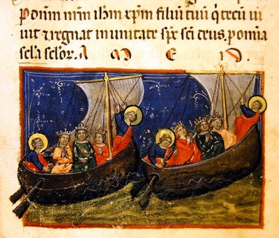 Ms 406 miniatura de Puckett frente hedificationis a construção da igreja de São João Evangelista, c.1330-40 de Italian School