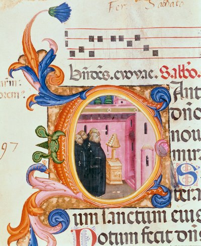Ms 559 f.176f Historiated C inicial mostrando monges olhando para um texto, do Saltério de Santa Maria Novella, iluminado por Paolo Soldini (fl.1342-86) 1379 de Italian School