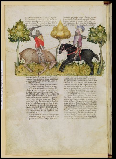 Sra. Fr 343 fol.26v O cavalo de Sir Percivals é morto, do Queste del Saint Graal, c.1380-85 de Italian School