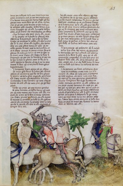 Pe. 343, fol.43 Um cavaleiro da Távola Redonda, Sir Bors, é forçado a escolher entre resgatar seu irmão Lionel ou salvar uma donzela, do Queste del Saint Graal, c.1380-85 de Italian School