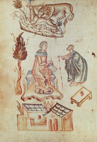 Ms Grec 36 f.187v Uma consulta médica ao ar livre na antiguidade, a partir de uma coleção de textos científicos de Italian School
