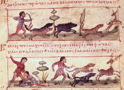 Ms Grec 479 Deer Hunting, ilustração do Cynegetica por Oppian (tempera em velino) de Italian School