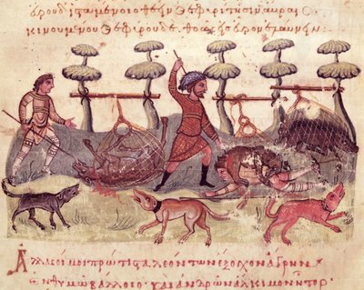 Ms Grec 479 Caça com Redes, ilustração do Cynegetica por Oppian (tempera em velino) de Italian School