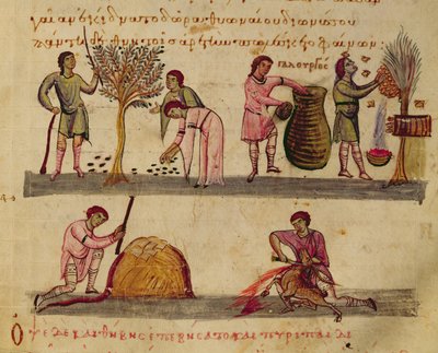 Sra. Grec 479 Trabalhando nos campos, ilustração do Cynegetica por Oppian (tempera em velino) de Italian School