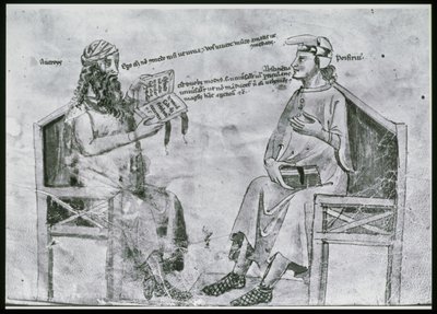 Senhora Lat 6823 fol.2 Averroes (1126-98) na conversação com Porphyry (c.232-c.305) (pena & tinta e lavagem no papel) de Italian School