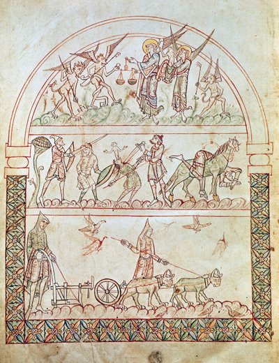 Ms. Plut. 12,17, c. 1b, A cidade terrestre com as dificuldades e infortúnios da humanidade e o julgamento de uma alma, da cidade de Deus por Santo Agostinho, do século XI a XII de Italian School