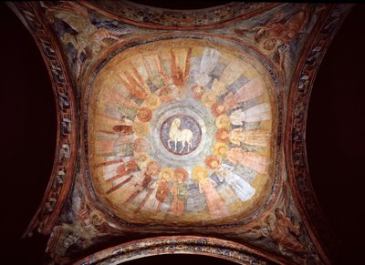 Cordeiro místico rodeado de santos e anjos - Fresco de Italian School
