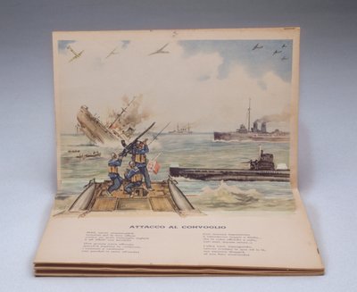 Batalha naval, ilustração tridimensional do livro infantil I nostri soldati (Os nossos soldados) de Italian School