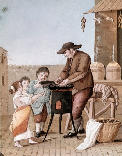 Pequenos metiers napolitanos: o vendedor de castanhas - (Comércio antigo: vendedor de castanhas) Aguarela do século XIX - Naples Museo Nazionale di San Martino de Italian School