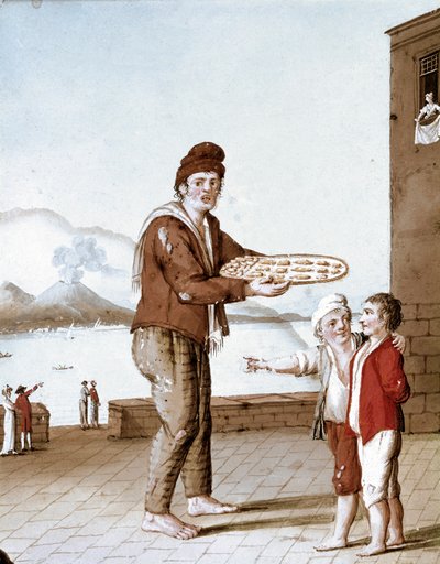 Pequenos metiers napolitanos: o vendedor de "pasticiotti" (areias napolitanas) - (Comércio antigo: o vendedor de bolachas) Aguarela do século XIX - Naples Museo Nazionale di San Martino de Italian School