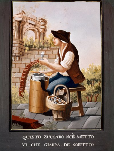 Pequenos metiers napolitanos: o vendedor de sorvetes - (Comércio antigo: o vendedor de gelados) Aguarela do século XIX - Naples Museo Nazionale di San Martino de Italian School