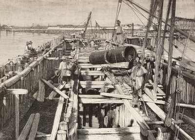 Novo aqueduto em Veneza, assentando o canal na lagoa, Itália, gravura de desenho de Riera, de L