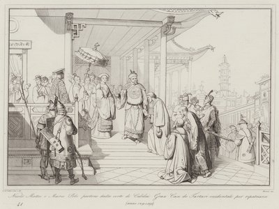 Nicolo Matteo e Marco Polo deixam a corte de Cubilai Gran Can de Tartari para se repatriarem de Italian School