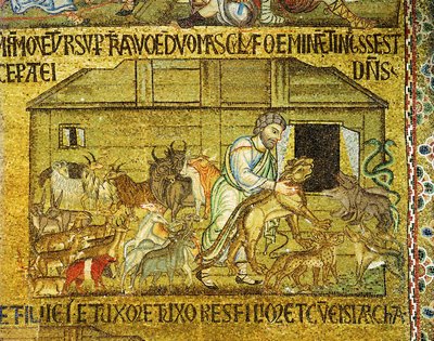 Noé ajuda pares de animais a entrar na Arca ... (mosaico) de Italian School