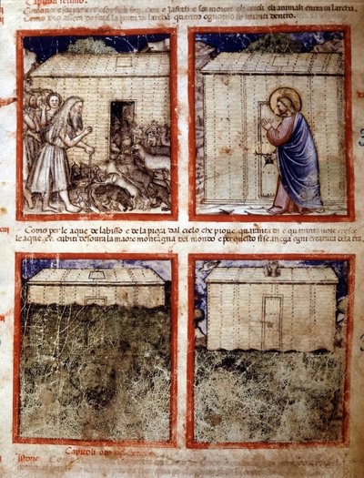 Arca de Noé, Miniatura tirada do códice 212 (ou códice padovano ou Bíblia de Pádua) 1390-1400 Rovigo, Accademia dei Concordi de Italian School