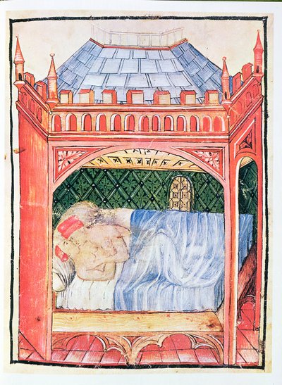 Nouy Acq Lot casal 1673 fol.100 em uma cama, de Tacuinum saudável, c.1390-1400 de Italian School