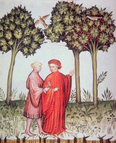 Nova 2644 fol.102v Dois amigos para um passeio juntos, de Tacuinum Sanitatis Codex Vindobonensis (vellum) de Italian School