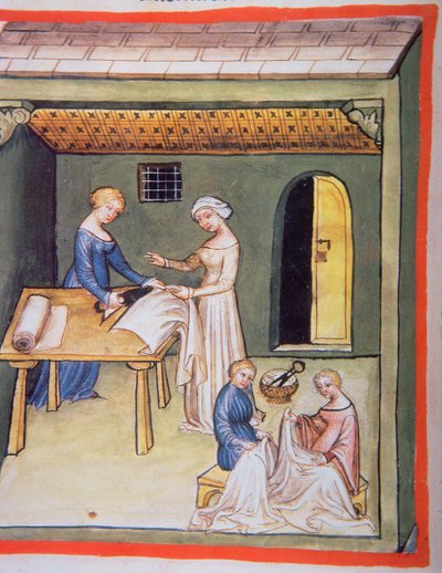 Nova 2644 fol.105v The Tailors Shop: Roupas de Linho, da Tacuinum Sanitatis de Italian School