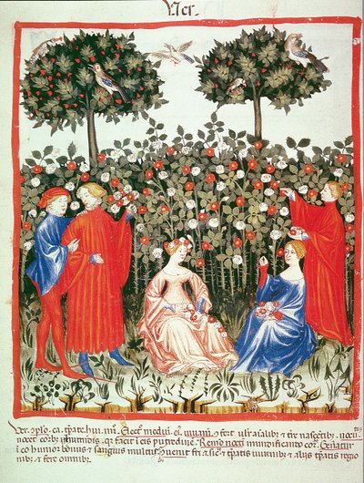 Nova 2644 fol.55v Primavera: A coleta de flores, de Tacuinum Sanitatis de Italian School