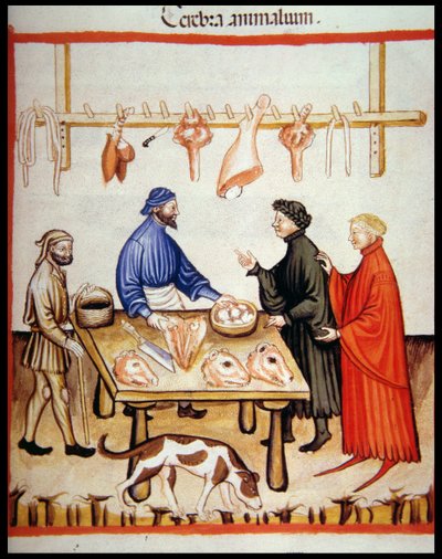 Nova 2644 fol.77r Açougues, venda de cérebros, de Tacuinum Sanitatis Codex Vindobonensis de Italian School