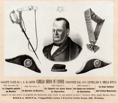 Objectos utilizados por Camillo Benso conte di Cavour (1810-1861) - chapéus e insígnias das suas funções políticas e diplomáticas, com o grande cordão da Ordem de São Maurício e São Lázaro (Ordine dei Santi Maurizio e Lazzaro) - Gravura do século XIX de Italian School