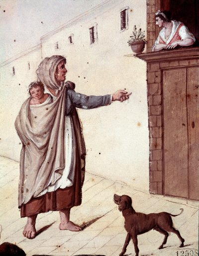 Velhos métiers napolitanos: uma mendiga e seu filho nas ruas de Nápoles - (Velho comércio napolitano: uma mendiga) Aguarela do século XIX - Nápoles Museo Nazionale di San Martino de Italian School