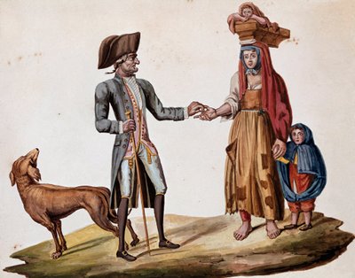 Velhos métiers napolitanos: um nobre dá uma moeda a um palmisciano - (Velho comércio napolitano: um homem rico dá dinheiro a um contador de histórias pobre) Aguarela do século XIX - Nápoles Museo Nazionale di San Martino de Italian School