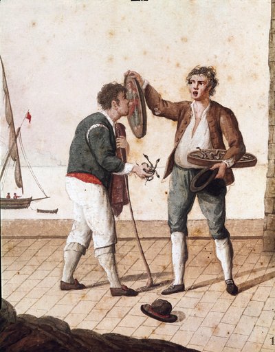 Velhos métiers napolitanos: vendedores de pequenas serpentes - (Velho comércio napolitano: vendedor de cobras herbívoras) Aguarela do século XIX - Naples Museo Nazionale di San Martino de Italian School