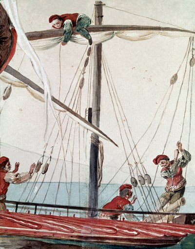 Antigo comércio napolitano: um barco de pesca - Aquarela do século XIX - Nápoles Museo Nazionale di San Martino de Italian School