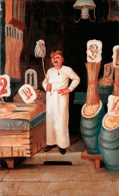 O velho metier: a loja do vendedor de massas. Detrempe anónimo. Século XIX Museo Nazionale delle Paste Alimentari, Fondazione Agnesi, Roma. de Italian School