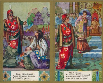 Uma de um conjunto de ilustrações da ópera Turandot de Puccini (litografia a cores) de Italian School