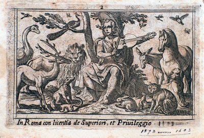 Orfeu brincando entre animais. (xilogravura de Italian School